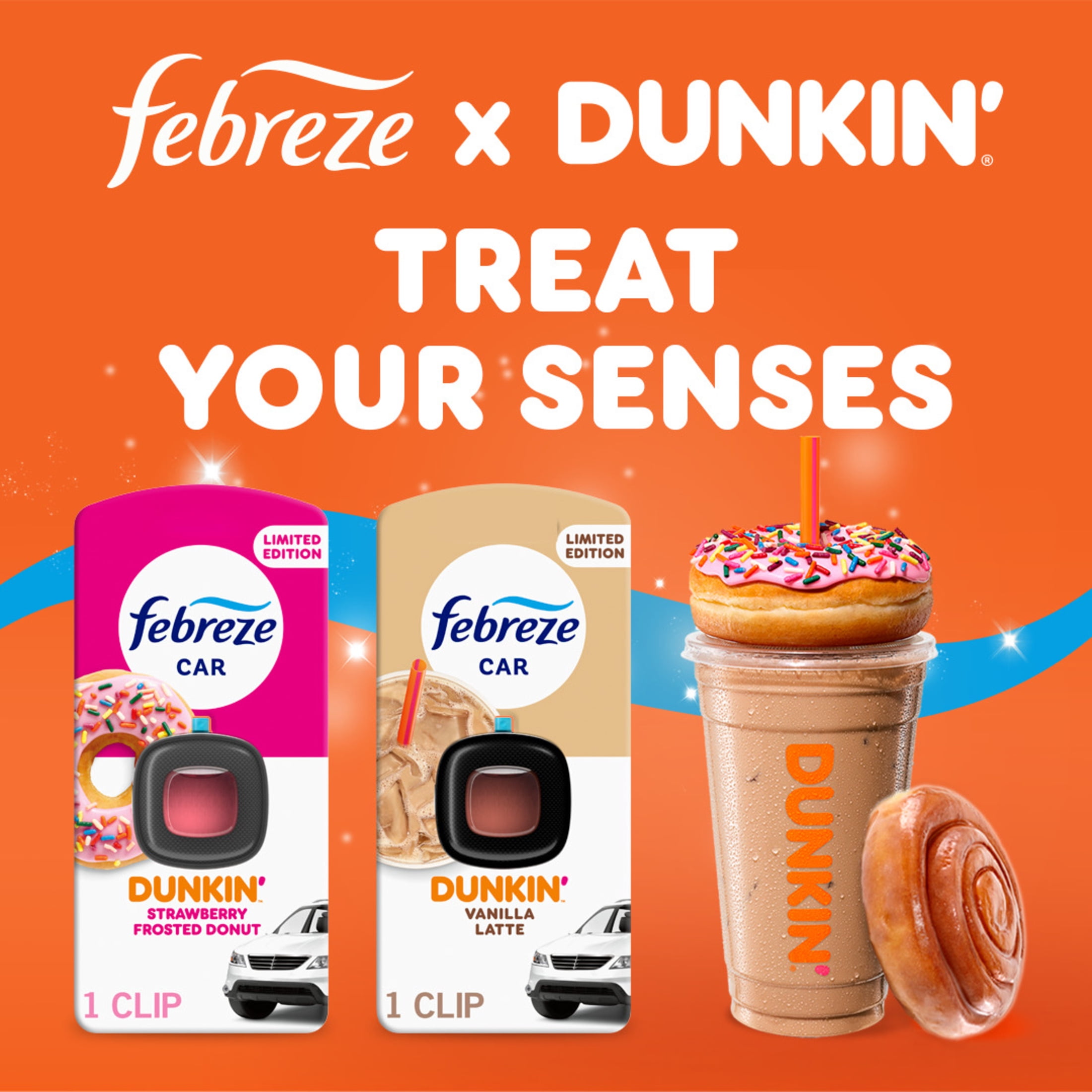 Febreze Dunkin' Car Air Freshener, Odor-Fighting Automotive Vent Clip, Strawberry Frosted Donut, 1 count