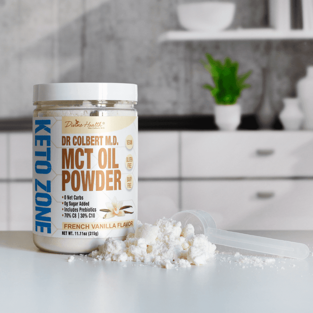 Dr. Colbert, MD MCT Oil Powder | French Vanilla Flavor | by Divine Health | Keto Zone | 70% C8 | 30% C10 | 0 Net Carbs | Gluten Free | 30 Day Supply | 315g