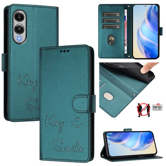 Crossbody Wallet Case for Samsung Galaxy S25 Edge, Smile Pattern PU Leather Phone Case with Kickstand RFID Blocking Card Slots, Magnetic Closure Folio Cover with Wrist Strap Lanyard, Darkgreen