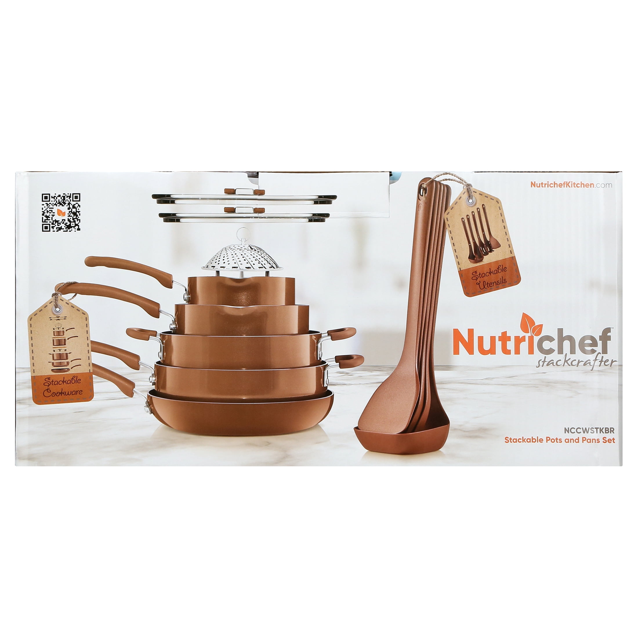 NutriChef 17 Piece Non-Stick Cookware Set, Pots & Pans with foldable Knob, Space Saving, Stackable, Nylon Tools Set, Induction Base, Brown