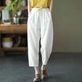 thumbnail image 3 of Pantalones harén de lino y algodón de moda para mujer, pantalones holgados de cintura alta elásticos hasta los tobillos, pantalones casuales sólidos con bolsillos retro para mujer, 3 of 5