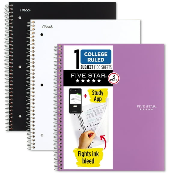 Five Star Spiral Notebook   Study App, 1 Subject, College Ruled, 8.5" x 11", 3 Pack