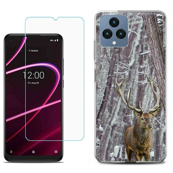 Slim-Fit Gel TPU Fashion Phone Case for T-Mobile Revvl 6 5G, with Tempered Glass Screen Protector, by OneToughShield ® - Deer/Snow/Camo