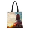 thumbnail image 1 of KDAGR Canvas Tote Bag Retro Red Car Luggage on Roof Rack at Sunset Reusable Shoulder Grocery Shopping Bags Handbag, 1 of 1
