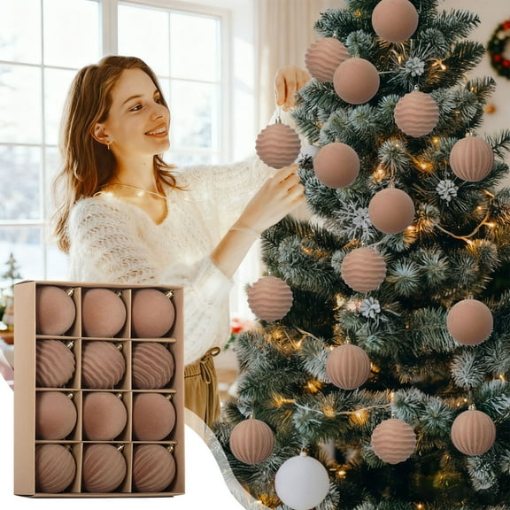 HOARBOEG 12Pcs Coffee Color Flocked Christmas Balls Ornament Set, 2.36in Velvet Textured Christmas Tree Decorations, Lightweight Holiday Decor for Home, Office, Party Displays