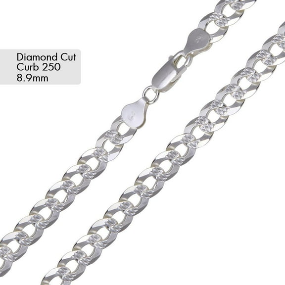 Sterling Silver 925 High Polished Pave Curb 250 Diamond-Cut Chain 8.9mm Italy 22" Jewelry Female