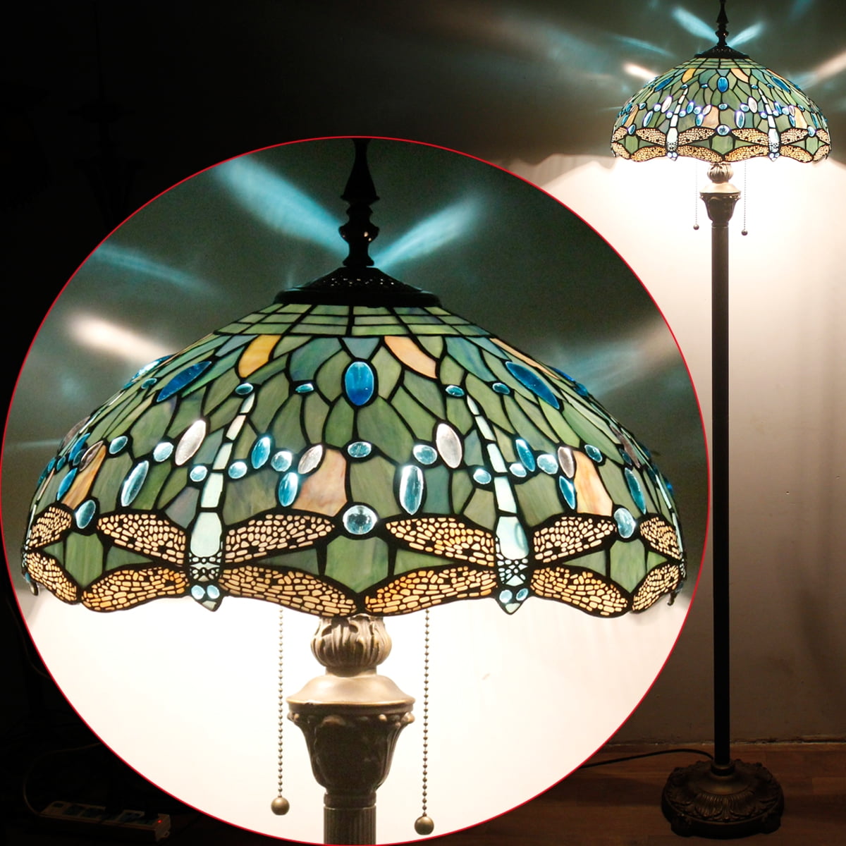 Werfactory 64" 2-Light Boho Antique Bronze Floor Lamp with Stained Glass Multicolor Dragonfly Dome