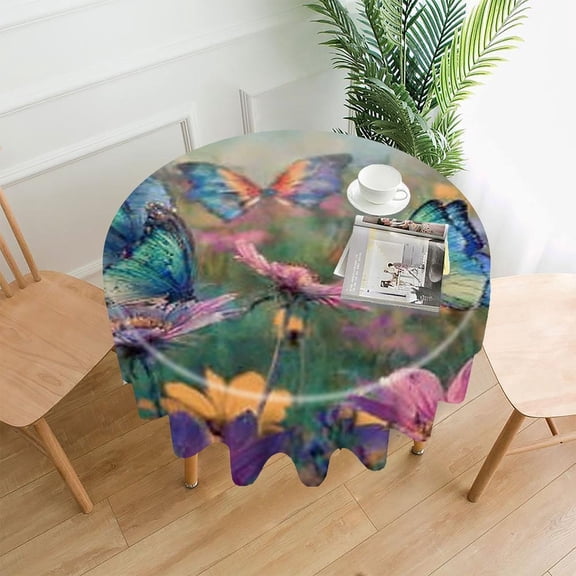 RKSupls 60 Inch Round Tablecloth, Butterflies Garden Colorful Premium Polyester Straight Edge Wrinkle Resistant Washable Table Cover for Party Home Dining Decor