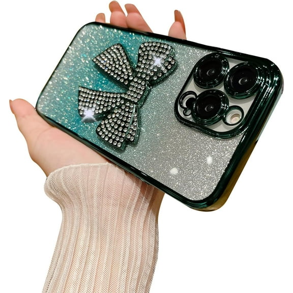 for iPhone 13 Pro Max Case Bow Glitter Rhinestone Bling Plating Luxury Women Girl Phone Case,Shine Diamond Case for iPhone 13 Pro Max Protective Cover,Clear Gradient Green