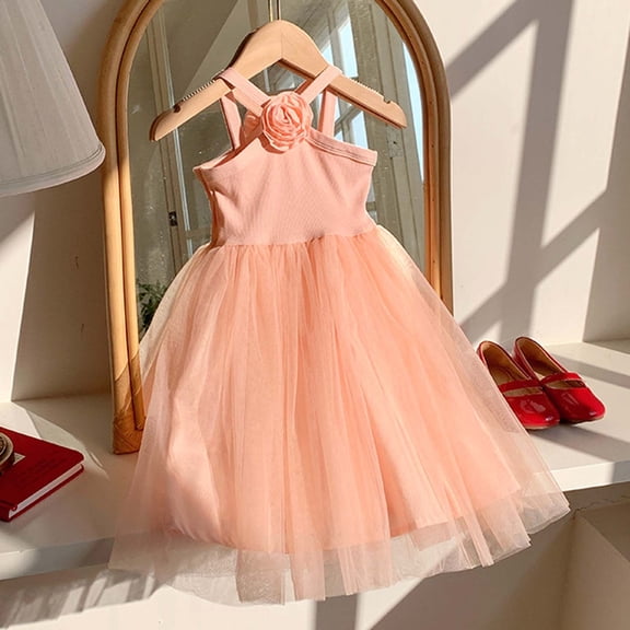Huowey Toddler Baby Girls Tutu Dress Solid Color Sleeveless Spaghetti Strap Suspenders Dress Flowers Patchwork Tiered Princess Party Dance Birthday Clothes Breathable Summer Dresses,Pink,5-6 Years