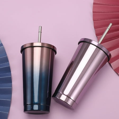 

Hexiuwan 500ml Stainless Steel Mug Easy to Clean Large Capacity Multi-colored Double-layer Mug for Office