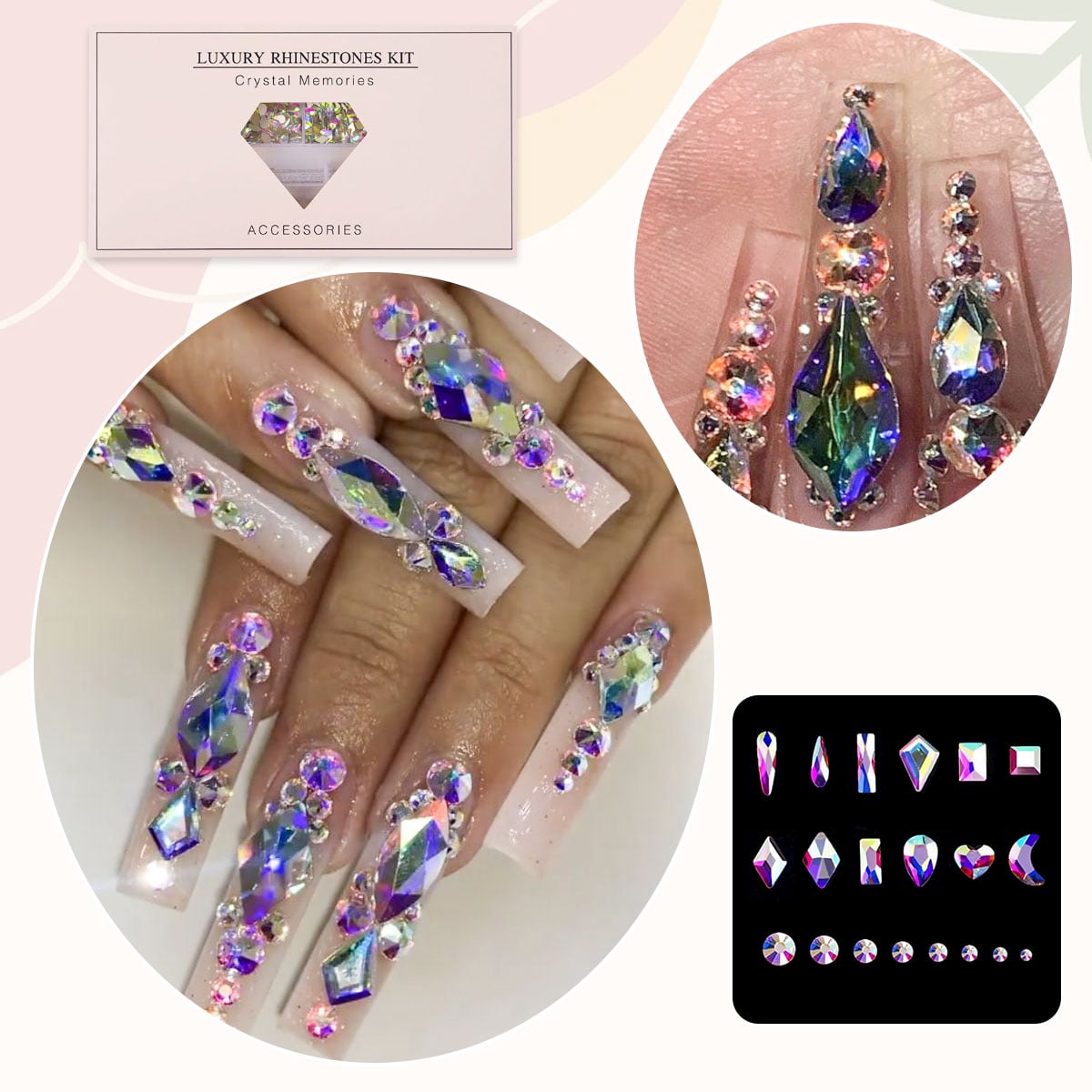 3D Nail Charms Gems Set, Nail Charms DIY Nail Art Supplies Accessories - 600 Special Shaped Crystals & 2500 Flat Bottomed Stones in 20 Styles + Drill Pen Included