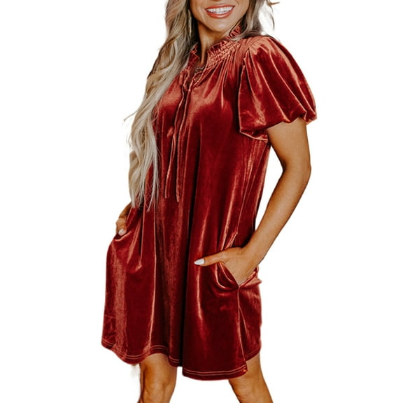 Cinnamon Velvet Mini Shift Dress with Puff Sleeves and Smocked Neckline - [ZhiHiMeRi] | (US 12-14)L