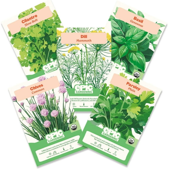 Epic Gardening Organic Herb Garden Seed Bundle, 5 Non-GMO Varieties for Cooking & Seasoning, Includes Basil, Cilantro, Dill, Chives & Parsley, Non-GMO Seeds
