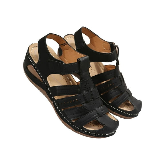 Anuirheih Women's Wedge Heels Sandals, Comfortable Ankle Strap Closed Toe Summer Sandals Casual Outdoor Wedges(Retro,Black)