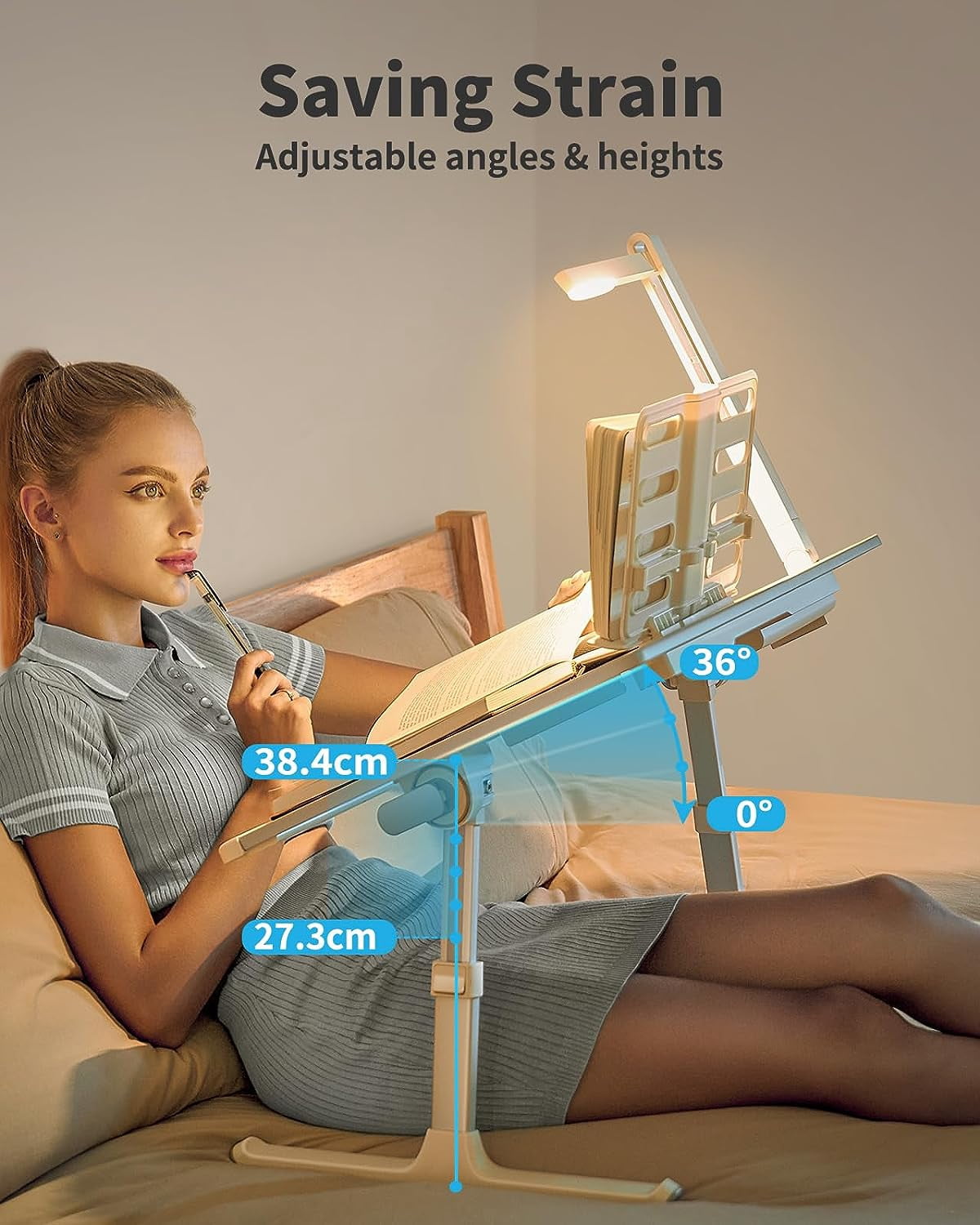 Bureau Pliable Avec Lampe LED - Table Pour Ordinateur Portable, 5 Hauteurs Réglables, Plateau Lit/Canapé, 60x40cm - 13