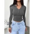 thumbnail image 4 of Womens Long Sleeve Shirts Fall Clothes Henley Tops Business Casual Ribbed Blouses Fashion Trendy Outfits Dark Gray XL, 4 of 8