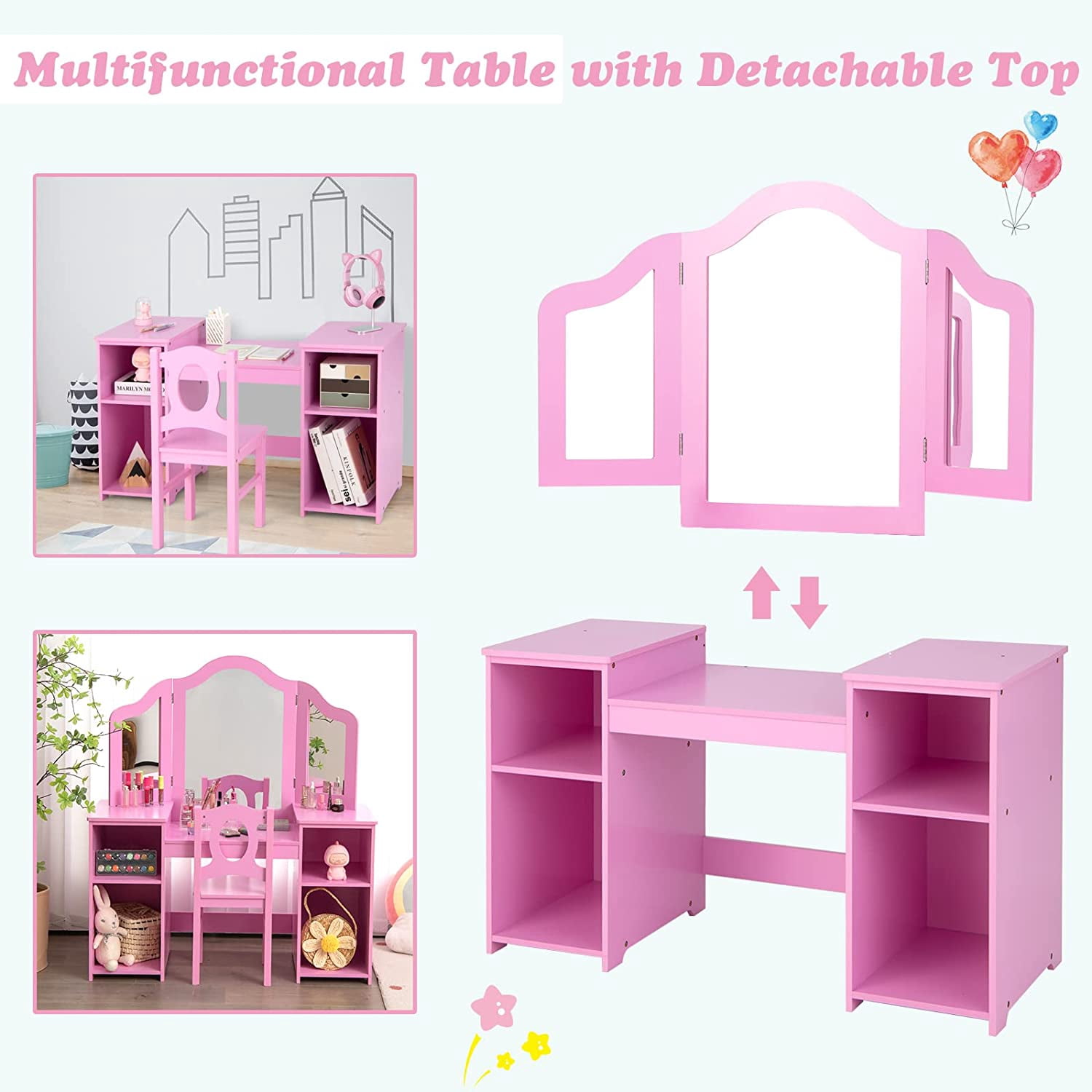 OLAKIDS Kids Vanity, 2 in 1 Princess Makeup Desk & Chair Set with Tri-Folding Detachable Mirror, Large Storage Shelves, Wooden Dressing Table, Pretend Play Vanity Set for Girls
