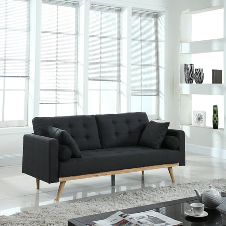 Mobilis Mid-Century Modern Tufted Linen Fabric Sleeper Futon Sofa, Dark Grey