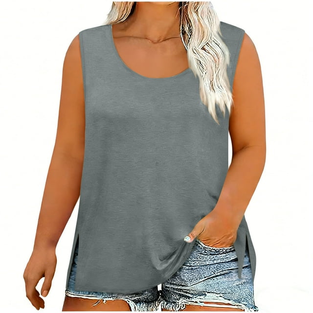 Roncen Camisoles en Coton Grande Taille pour Femmes Coupe Ample Été Sans Manches T-Shirt pour Dames Col Rond Tunique Fluide