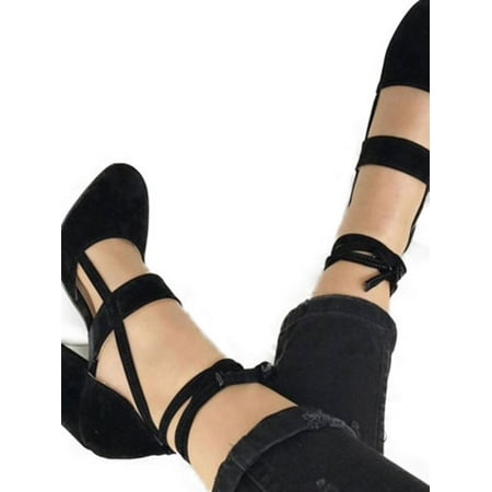 - Womens Pointed Toe Suede Ankle Strappy Block Heels Chunky Sandals Party Shoes
