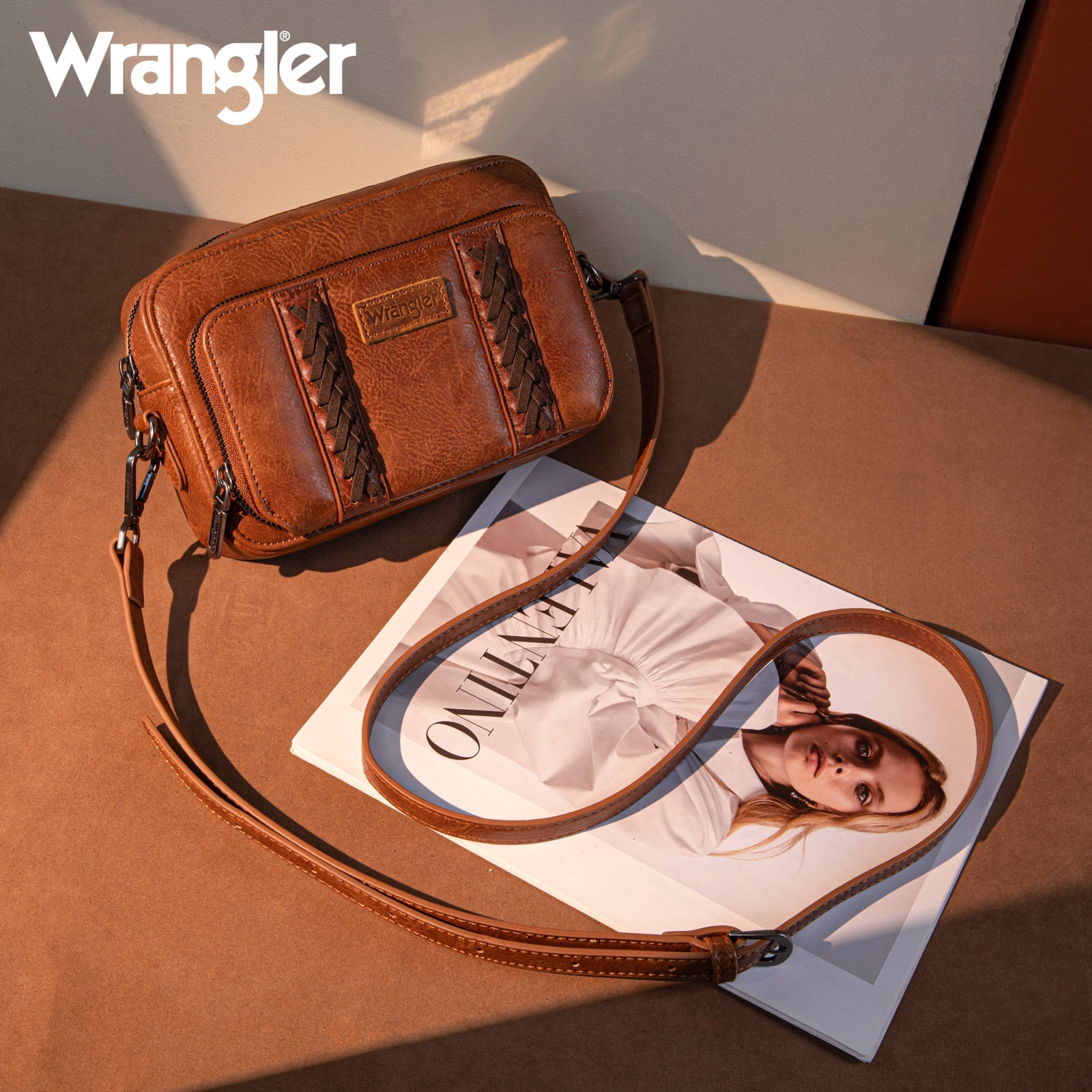 Wrangler Crossbody Bag for Women Vegan Leather Western Shoulder Purse Small Multi Pocket Crossbody Wallet Purse Crossover Bags with Adjustable Strap, Brown