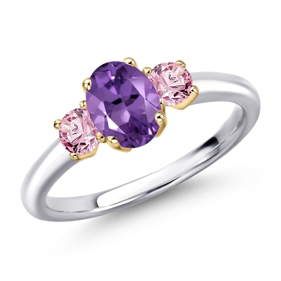 Gem Stone King 10K Two Tone Gold Purple Amethyst and Pink Lab Grown Diamond Engagement Ring for Women | 1.11 Cttw | Oval 7X5MM | Gemstone February Birthstone | Size 5