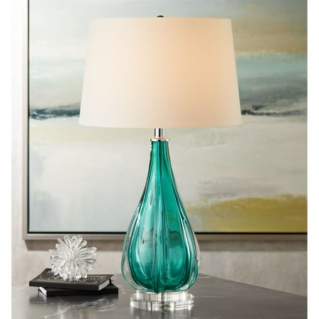 How To Glass Bed Possini Euro Design Modern Table Lamp Turquoise Glass Wave Pattern Tapered White Drum Shade for Living Room Family Bedroom Bedside ()