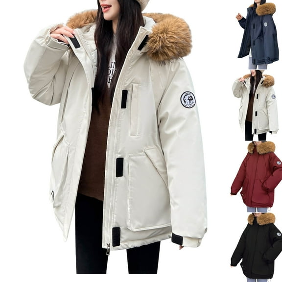 Gamivast Winter Coats for Women Printed Oversized Zip up Faux Fur Hooded Winter Jackets with Multiple Pockets Cuffed Long Sleeve Parka Outerwear Trendy Clothing