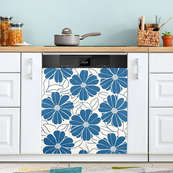 Blue Flowers with Petals Dishwasher Magnet Cover Magnetic Fridge Door Cover Home Kitchen Decor 23"x 26"