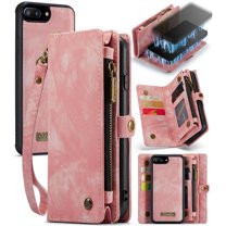 iPhone 7 Plus, iPhone 8 Plus Leather Detachable Wallet Zipper Case with 8 Card Slots Holder Magnetic case Flip Wallet Handle Wrist Strap Shockproof Pocket Handbag for Man Woman, Pink