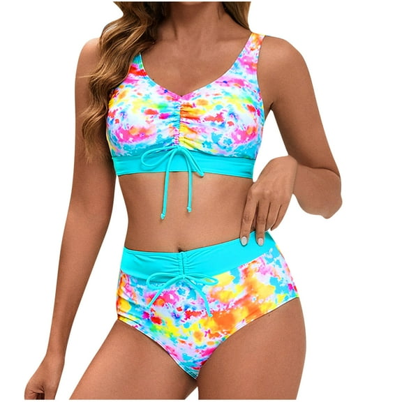 DISKEBUISS Swimsuits for Women Print Plus Size Drawstring Padded Bathing Suit Two-Piece Sets Beach Vacation S-XXL