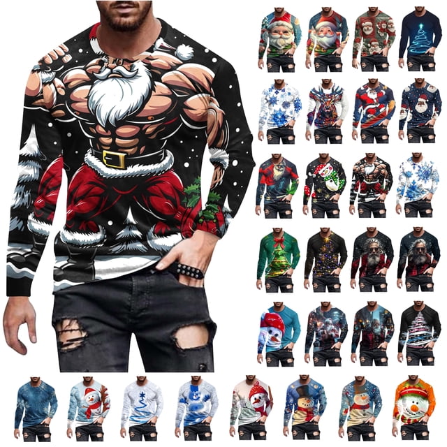 UVEASISHA Rabais de 70 pour Cent T-Shirts Graphiques de Noël pour Hommes Grande Taille Mignon Imprimé du Père Noël Manches Longues Chandails Col Rond Mode Xmas Tee Hauts Fêtes Cool Mode Urbaine Multicolore TTG