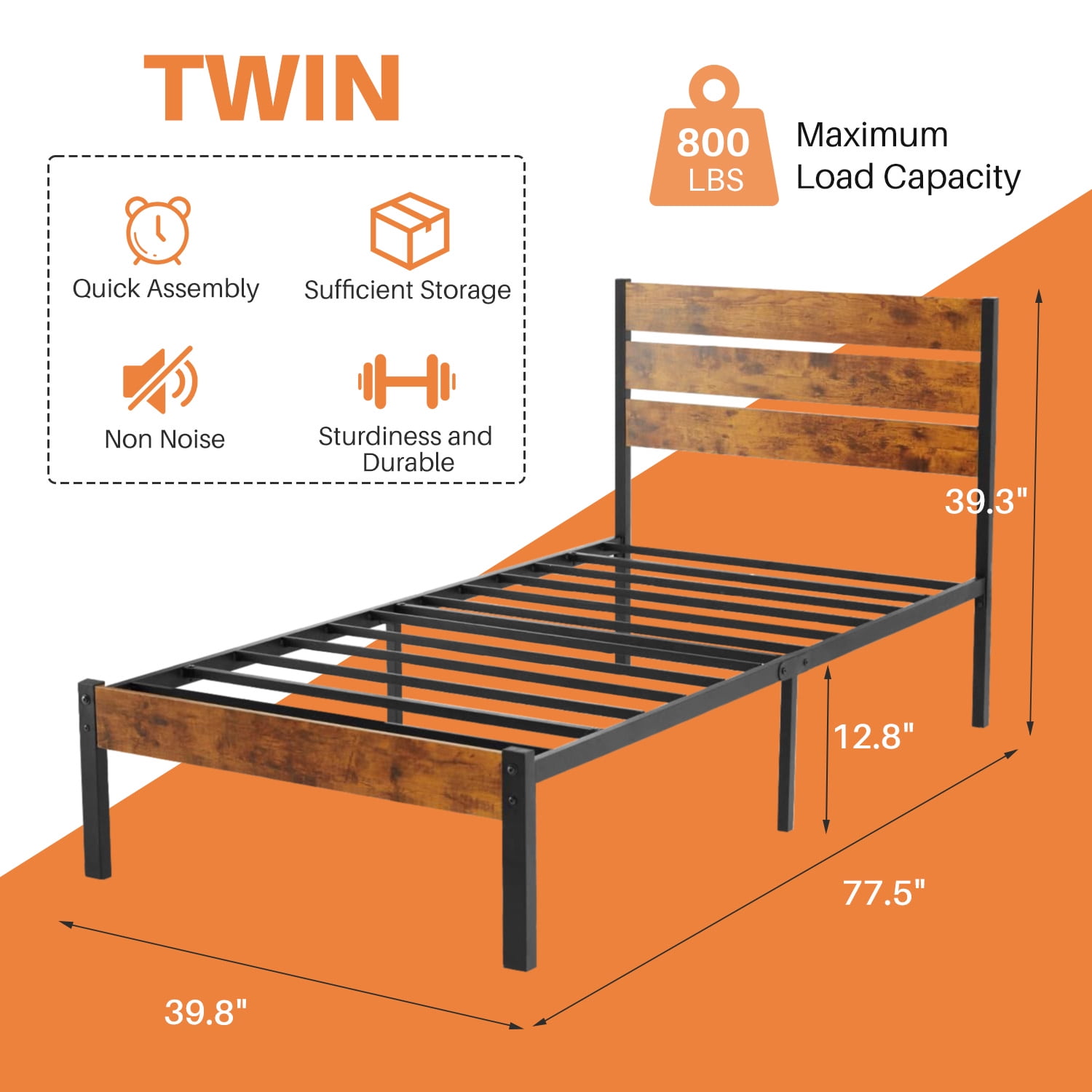 Twin Bed Frame, Mattress Foundation with Headboard, No Box Spring Needed, 700LBS Sturdy Metal Slats Support, Noise Free