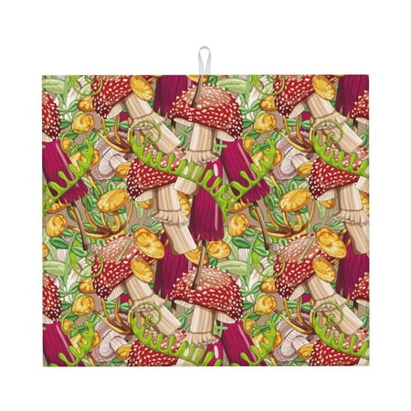 

Dish Drying Mats for Kitchen Counter - Bright Mushrooms print 16x18In Anti-Slip Absorbent Microfiber Drying Mat for Kitchen Counter Mat Dish Rack Mat with Hanging Loop