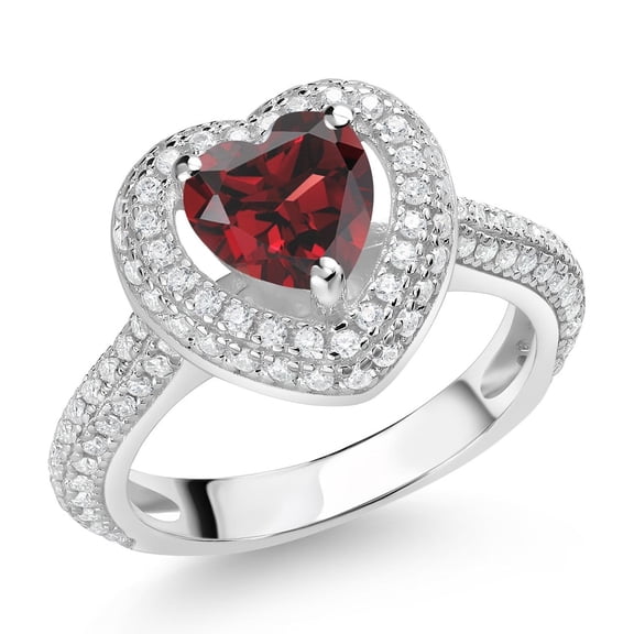 Gem Stone King 925 Sterling Silver Red Garnet and White Moissanite Heart Shape Ring for Women (1.62 Cttw, Available in Size 5, 6, 7, 8, 9)