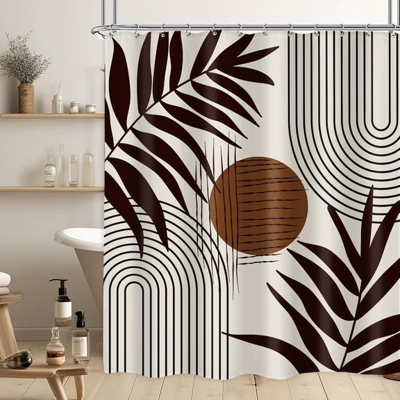 Extra Long Mid Century Modern Shower Curtain Brown Boho Shower Curtain Abstract Leaves Shower Curtain Set 72Wx84H Minimalist Geometric Bath Curtain Aesthetic Bathroom Accessories Home Decor