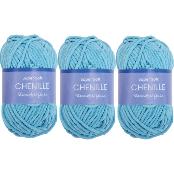 3 Pack ThreadArt Chenille Yarn for Crocheting, Knitting, Amigurumi, Super Soft Plush Velvet Yarn - 50 Gram 60 yds #5 Fluffy Yarn Skeins - Aqua