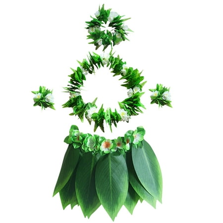 

5pcs Hula Skirt Hawaiian Costume Set with Green Leaves Necklace Bracelets Headband Luau Party Favors for Beach Luau Party Supplies(Kids)