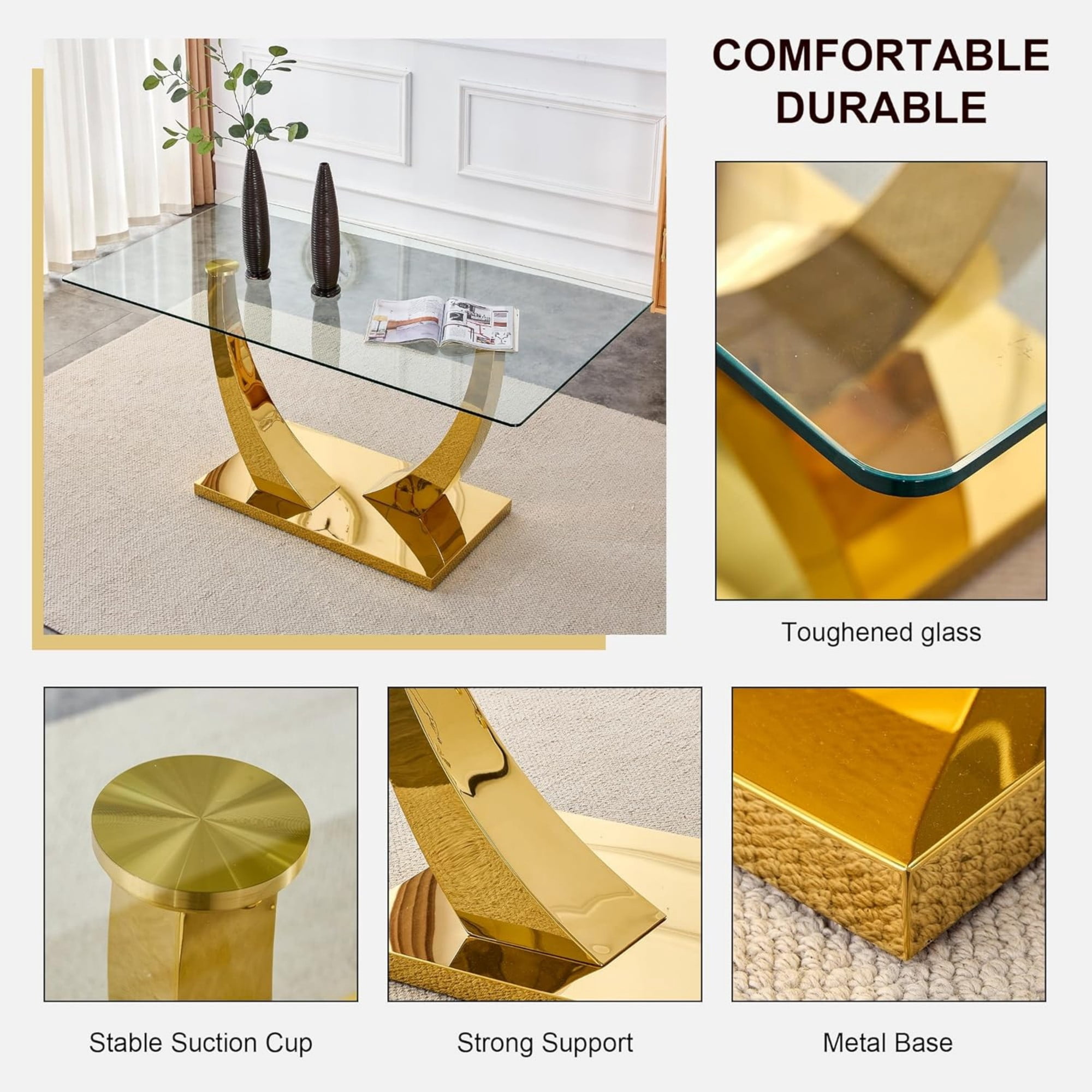 SUDICA 63 in Glass Dining Table, Rectangular Clear Tempered Top with Gold U-Shaped Base for Home Dining Room Office