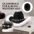 thumbnail image 3 of Furry Fluffy Trim Halloween Western Cowboy Hat with Decorative Band, Wide Brim Fashion Headwear, Stylish Accessory for Halloween Parties, Concert, Festival Celebrations and Trendy Outfit Black, 3 of 10