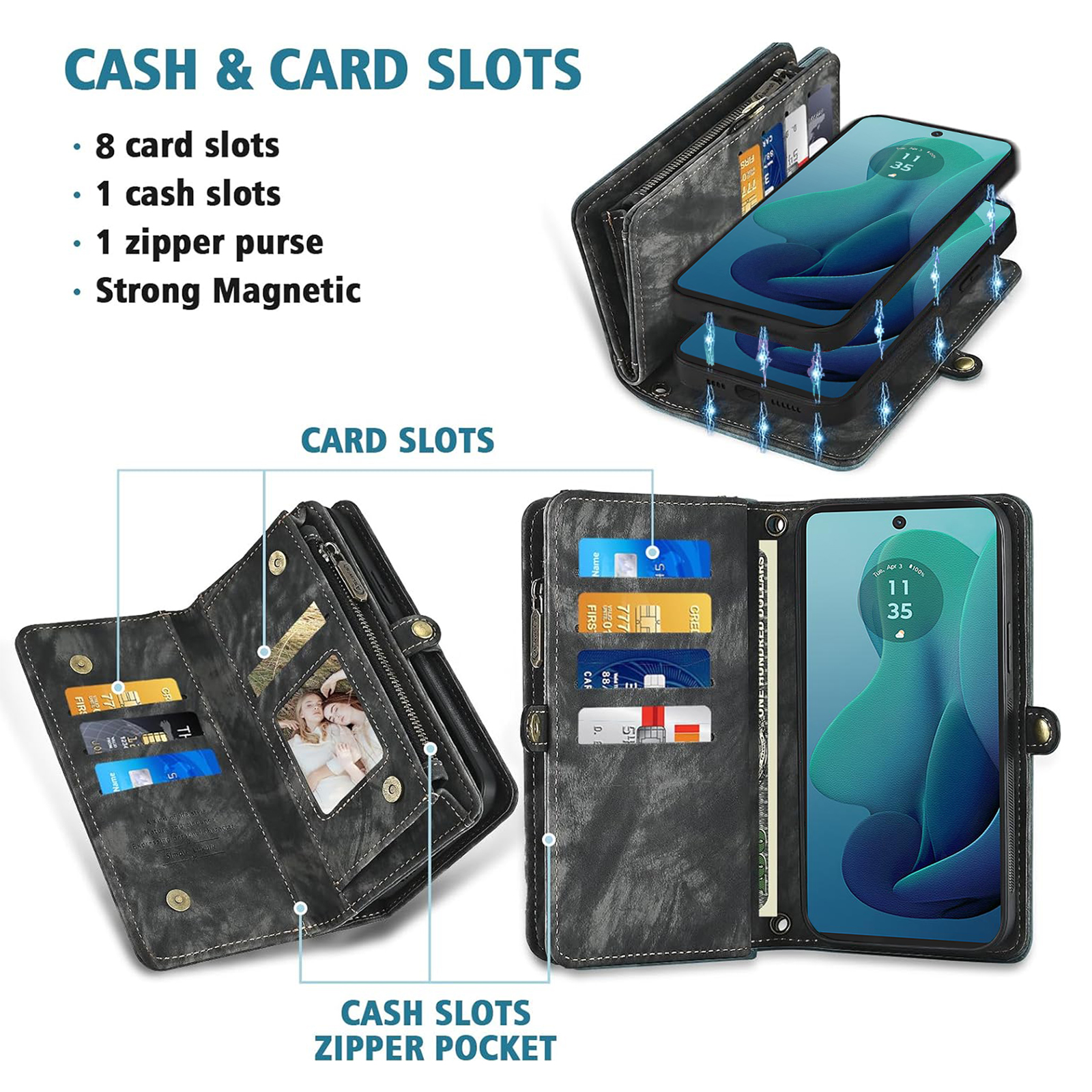 Asuwish Compatible with Motorola Moto G 5G 2024 Phone Case Zipper Wallet Detachable Tempered Glass Screen Protector Crossbody Lanyard Strap Flip Card Holder Slot Cell Cover for G5G 5 G G5 Women Black