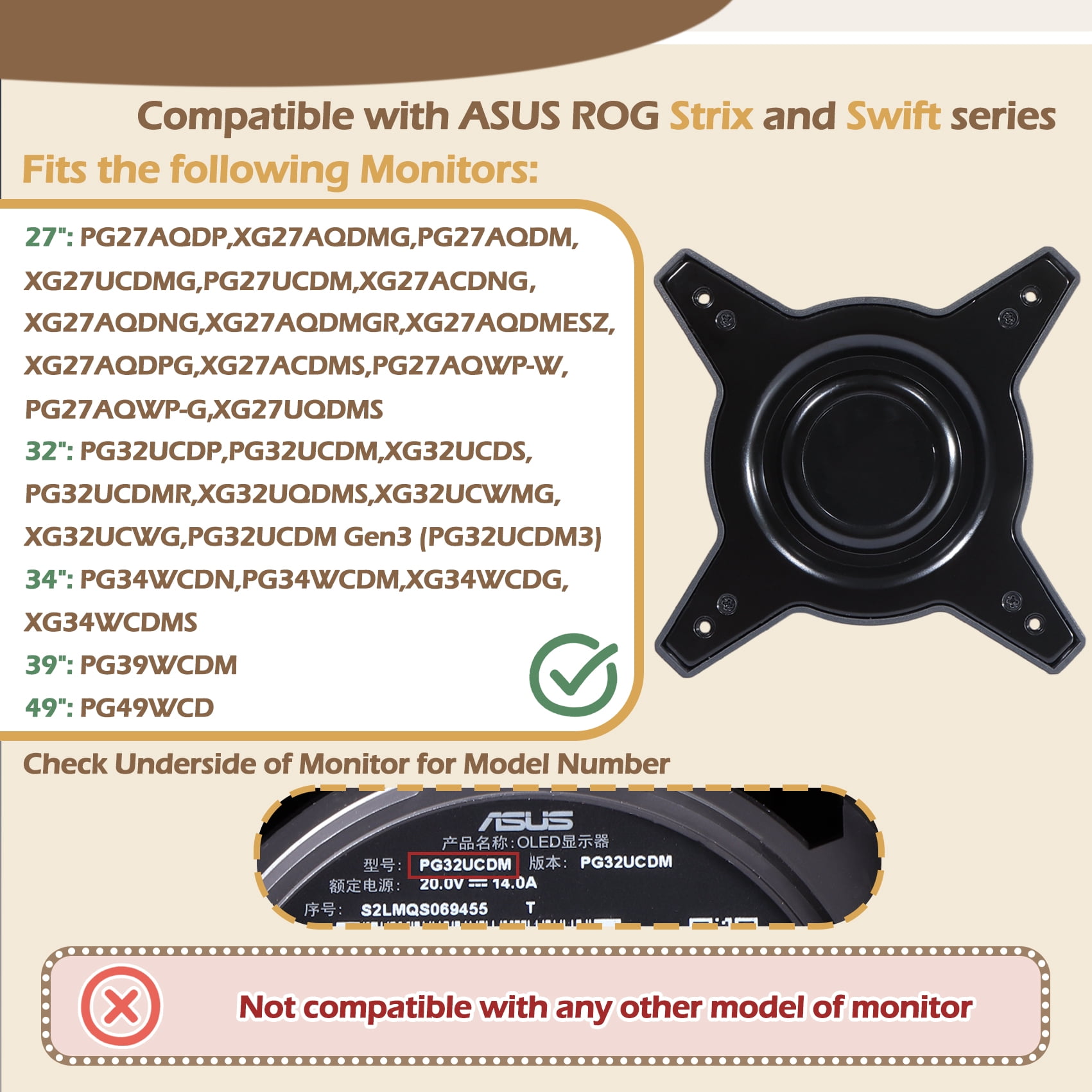 Original PG27AQDP VESA Adapter Compatible with ASUS ROG 27" 32" 34" 39" 49" Monitor(Fits XG27AQDMG,XG32UCWG,XG34WCDG,PG39WCDM,PG49WCD)100x100 Wall Mount Bracket