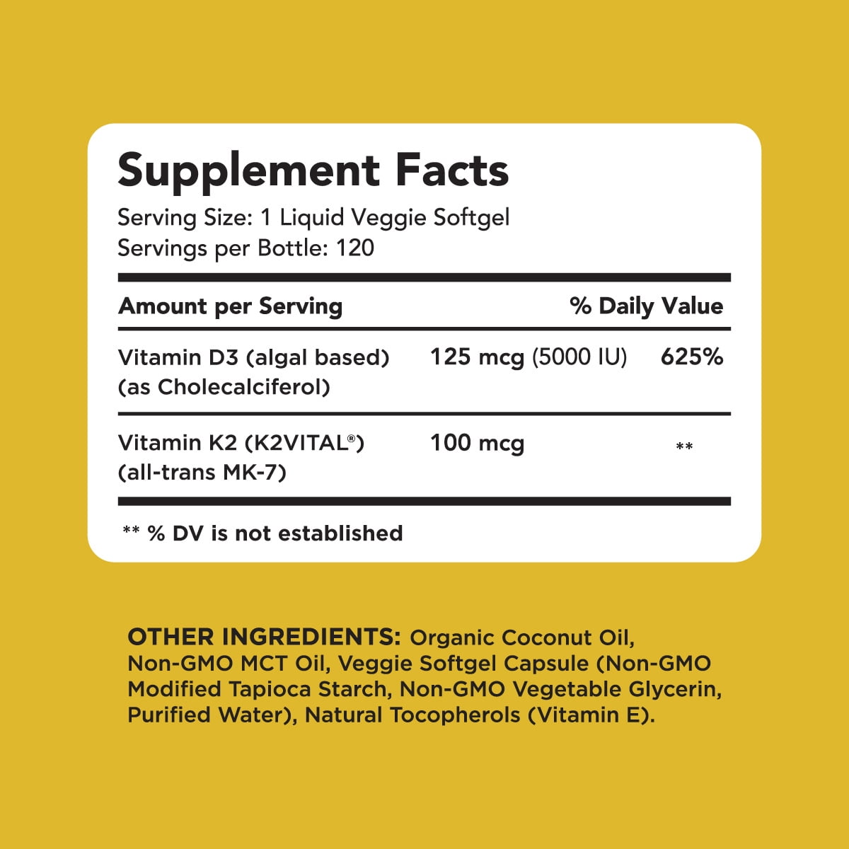 Amandean Vegan D3 K2. Vitamin D3 5000 iu from Algae. All-Trans MK-7 K2. 120 Softgels. Plant-Based & Carrageenan Free. Organic Coconut Oil Blend. Vit D + K for Mood, Bones, Heart, Immune Health.
