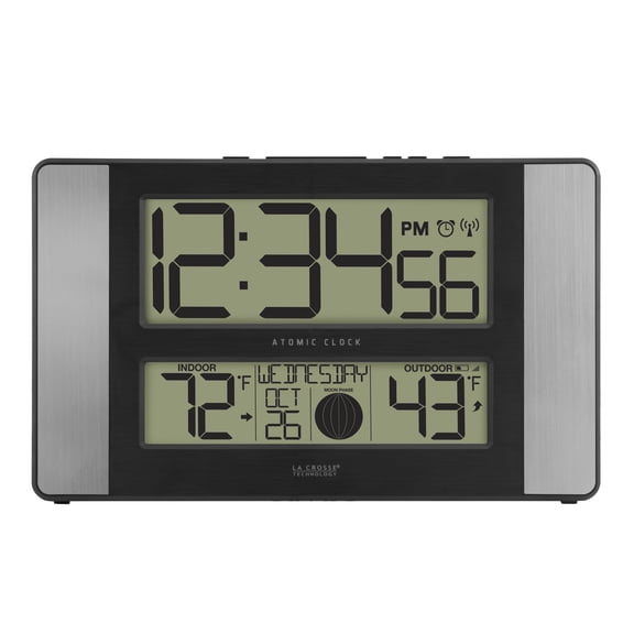 La Crosse Technology Atomic Digital Clock with Temperature and Moon Phase, Aluminum finish, 513-1417AL