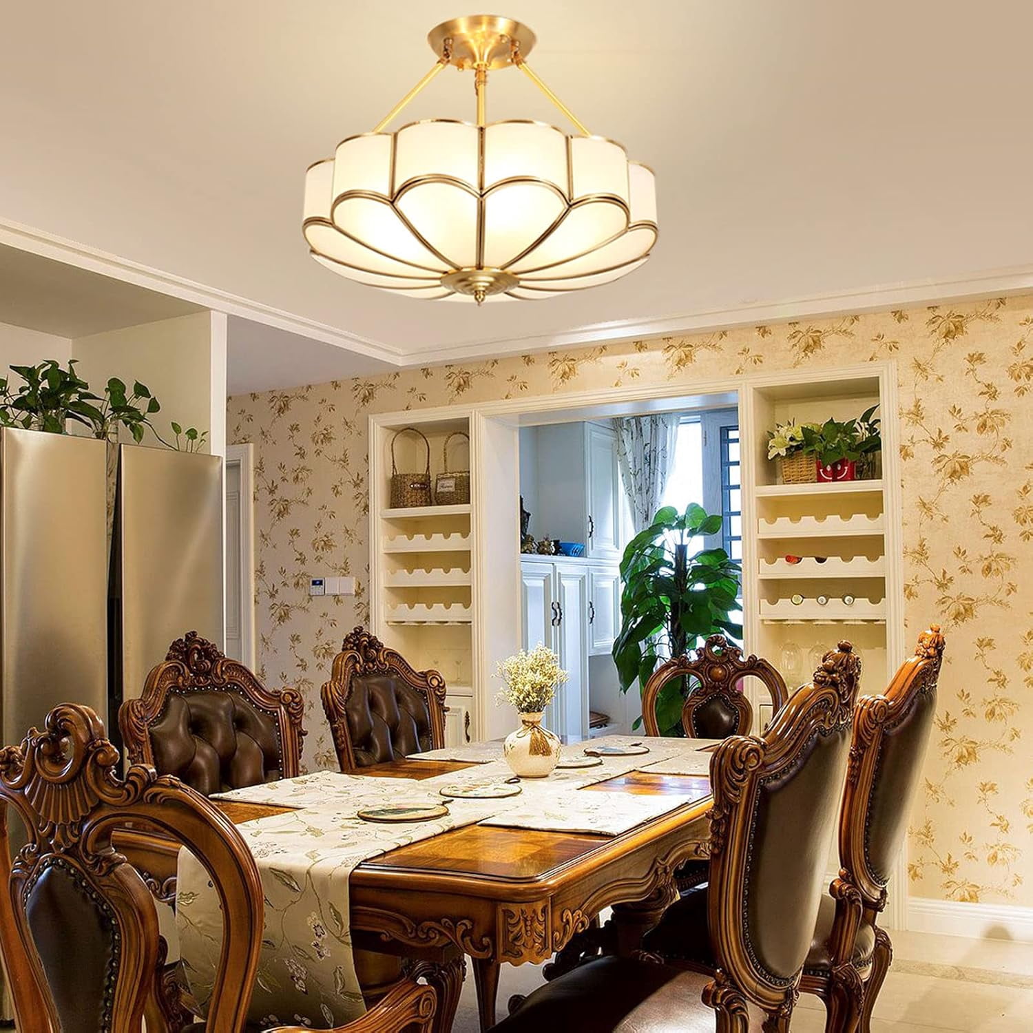 Mid Century Ceiling Light, Antique Brass Light Fixture, Modern Glass Ceiling Lamps for Living Room, Ceiling Light Decorative for Bedroom E26 Base Bulbs Not Include (Gold)