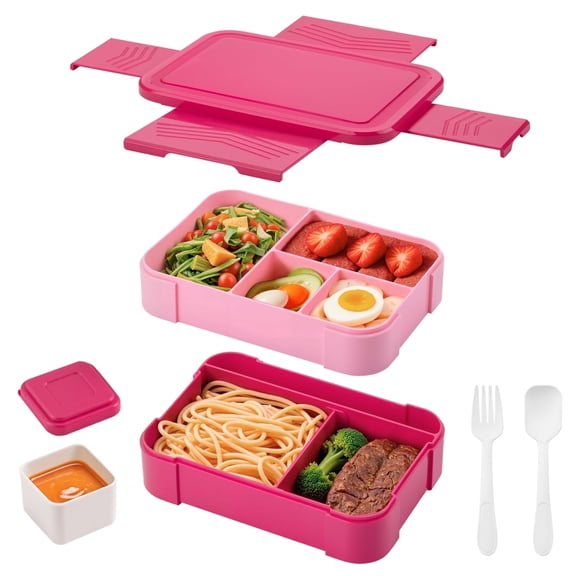Lonian 2-Tier Stackable Bento Lunch Box Rectangle with 1 Fork, Spoon, Dressing Container, BPA-Free, Dishwasher Safe, Food-Safe Materials, Rose Red