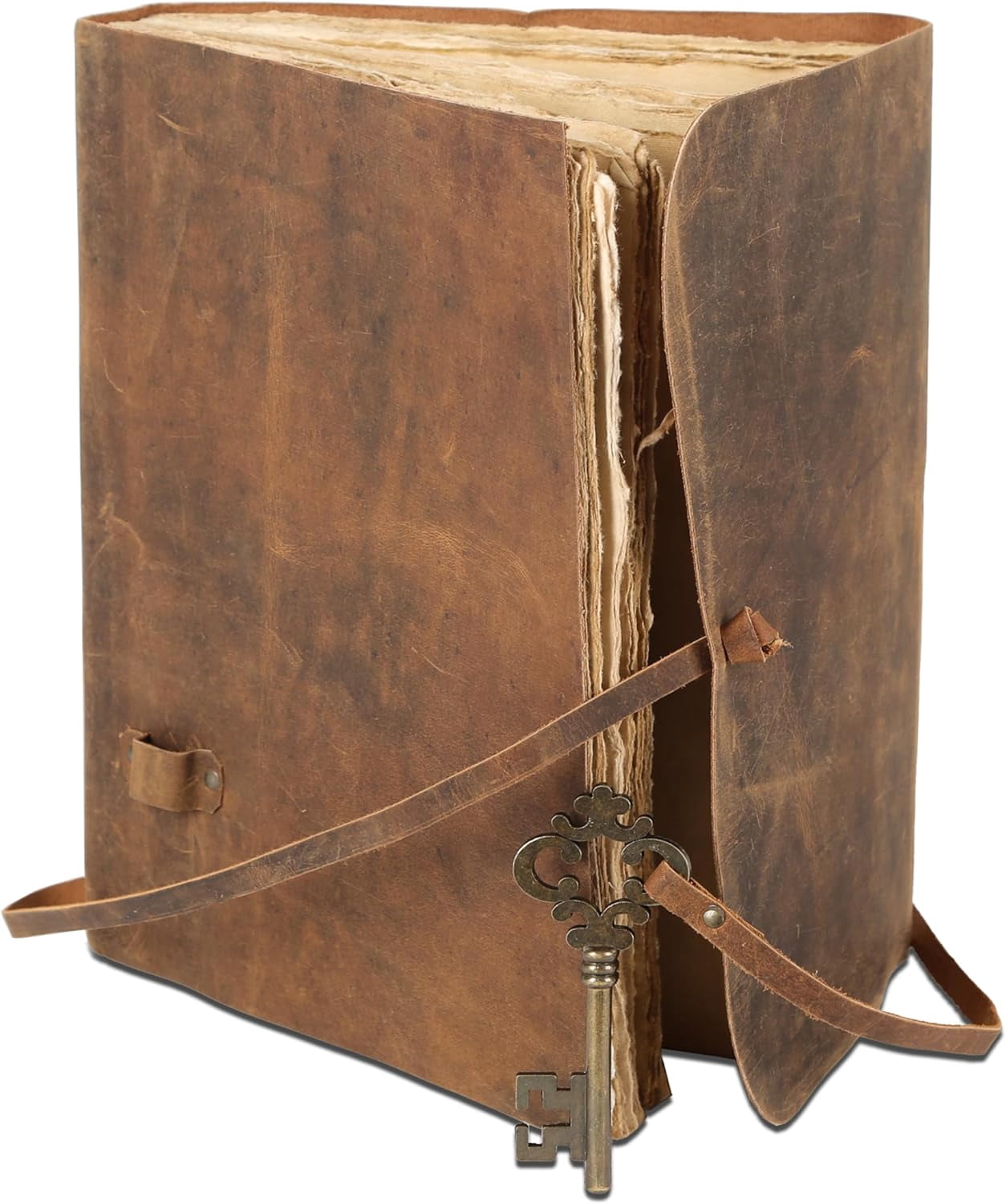 10x7 Inch Leather Journal with Key Lock – Handmade Buffalo Leather Cover & Deckle Edge Paper – Vintage Travel Notebook for Writing, Sketching, Gift for Men & Women (Brown)