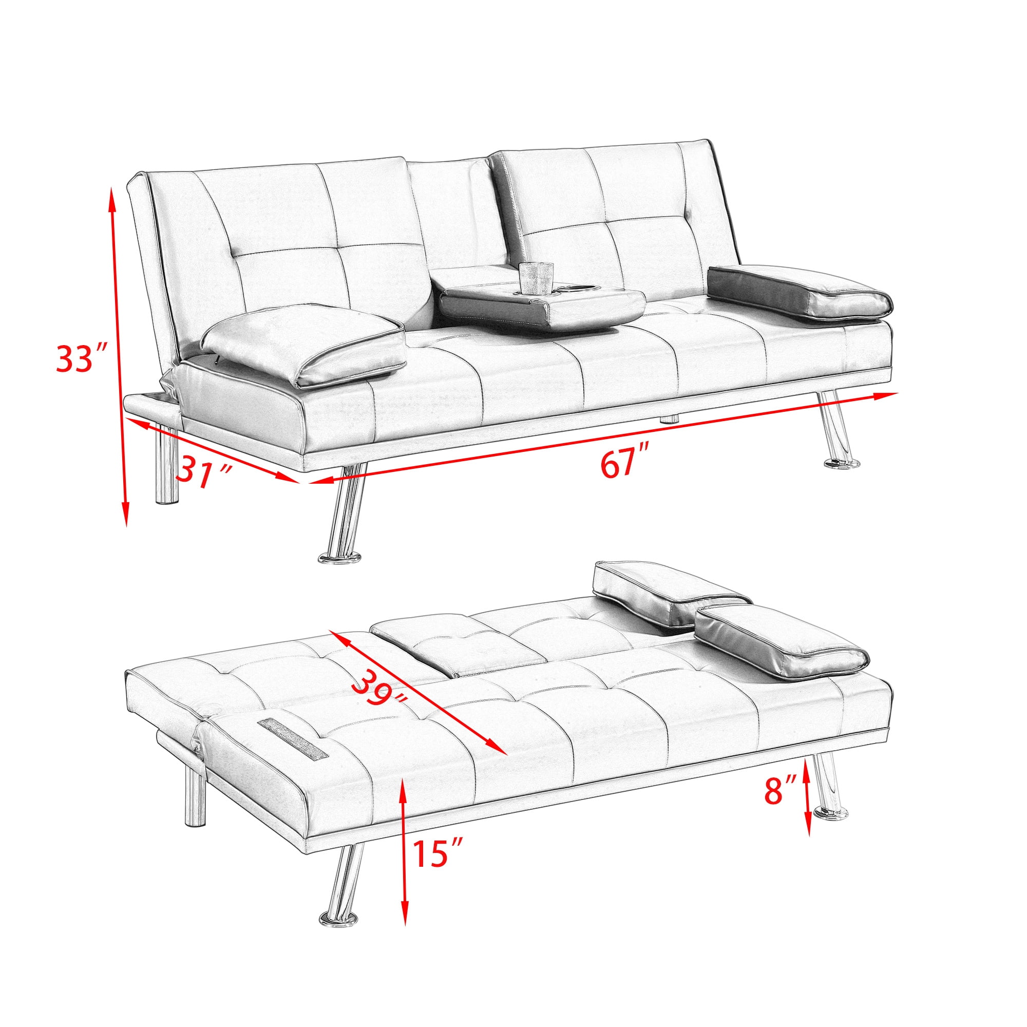 Aukfa Leather Futon Convertible Sofa Bed with 2 Cup Holders&Pillows, Twin Size, Red