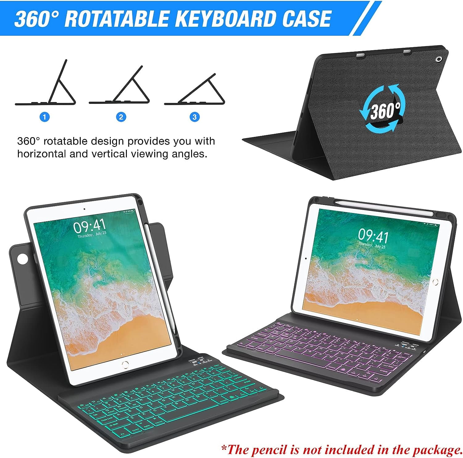 iPad 9.7 inch 5th 6th Generation Case with Keyboard, 360°Rotatable iPad Air 2 Keyboard Case with Pencil Holder(2018/2017/2014),7 Color Backlit Bluetooth Keyboard Smart Folio Tablet Cover(Black)